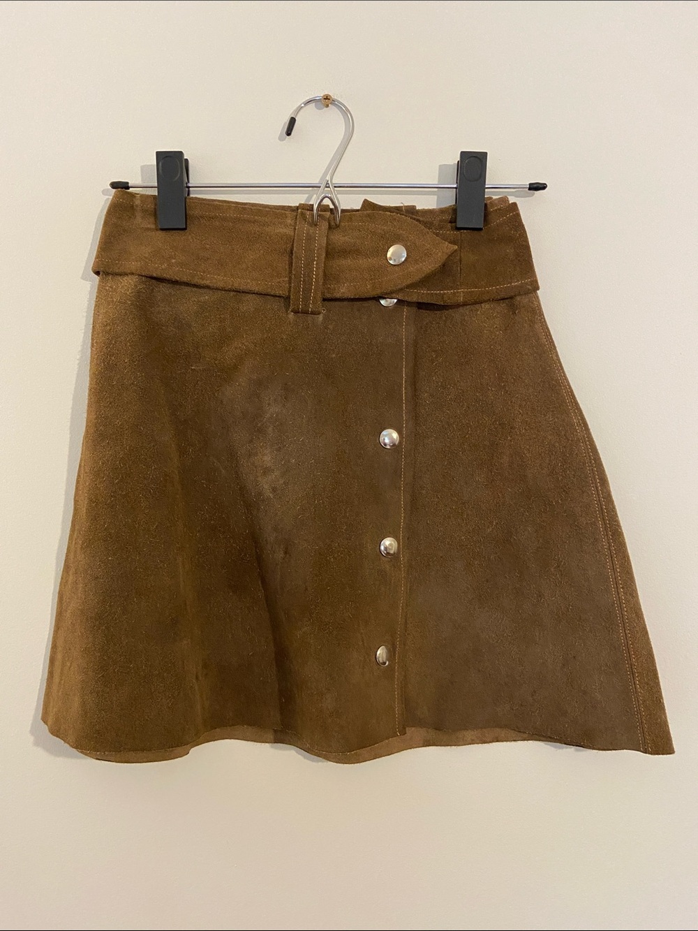 1960s Mod Mini Brown Suede Snap Front Skirt with belt vintage